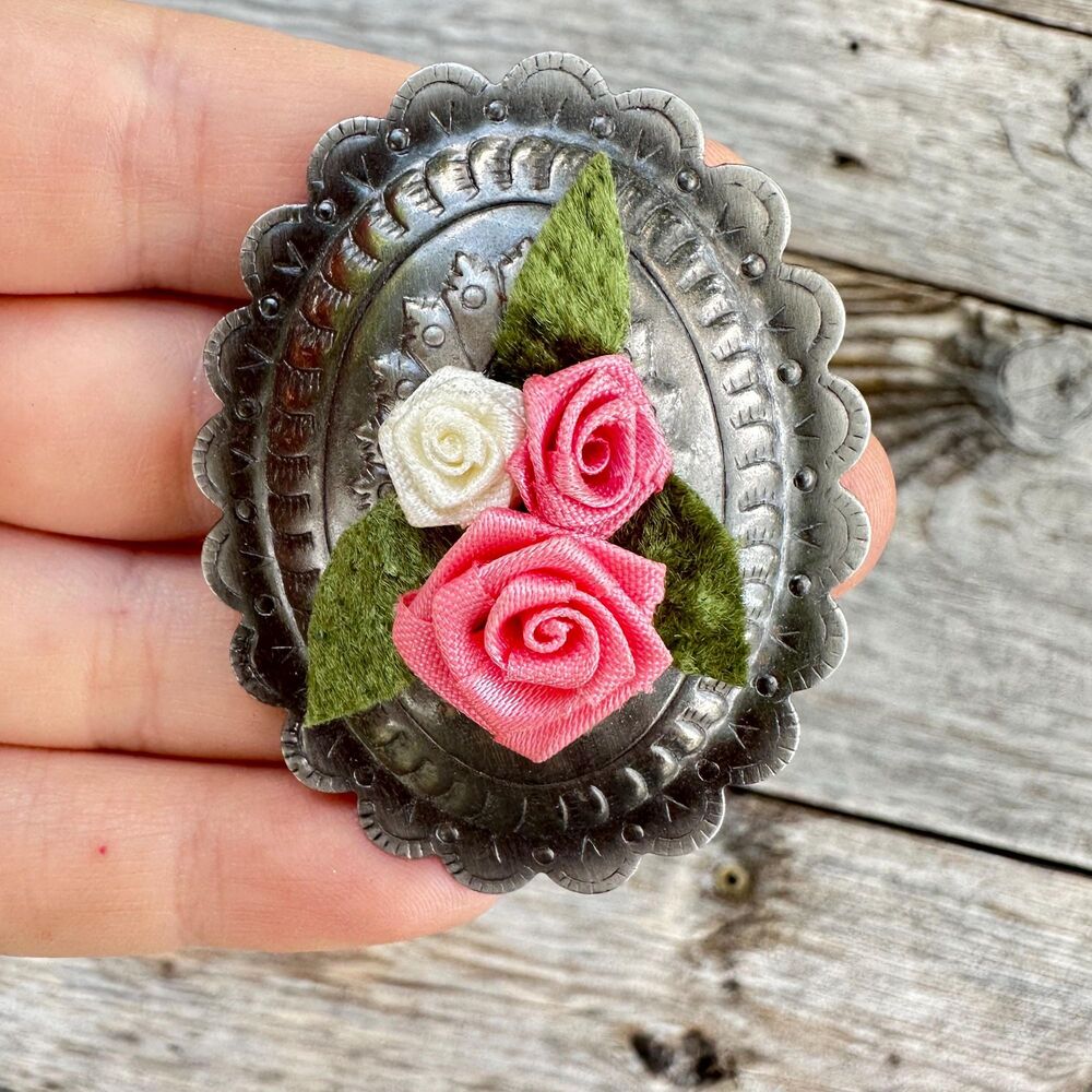 Vintage Jewelry Silver Tone Oval Metal Brooch with Flowers Unique handcrafted br